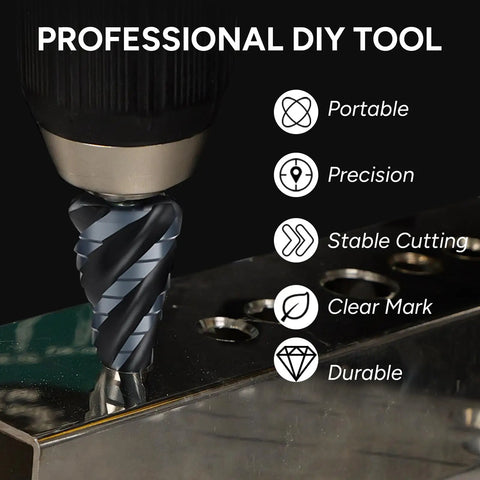 Close-up of Five Piece Four Spiral Flute Step Drill Bit Set 1/8 To 1-3/8 Inch High Speed Steel Unibit drilling into metal.