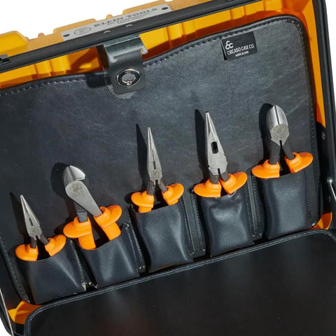 General Purpose Insulated Tool Kit 1000-Volt Rated 22-Piece Set In Lockable 3-Pallet Case pliers with orange handles