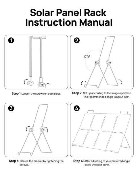 Solar Panel Rack Instruction Manual showing steps for 600W Portable Power Station setup angle adjustment to 150 degrees.