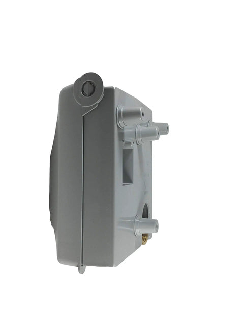 Side view of Grey PVC Gas Plug with Lockable Enclosure, 1/2 Inch Rear NPT Inlet, 3/8 Inch Quick Disconnect Outlet, CSA Approved