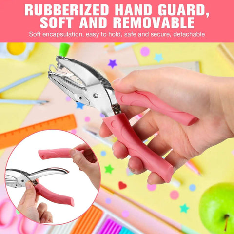 Five Piece Handy Handheld Hole Punch Set with rubberized pink grip for crafts, featuring stainless steel construction for durability.