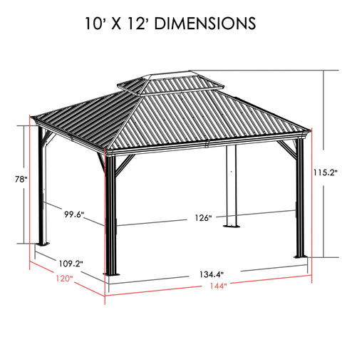10 By 12 Foot Hardtop Gazebo With Rugged Aluminum Frame And Galvanized Steel Double Roof, shown with dimensions.