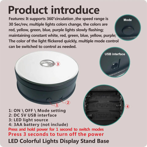 Fieifi Motorized Rotating Led Light Display Base For Crystals And Glass Art, 4.75 inch diameter, USB interface, mode controls