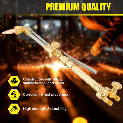 Heavy Duty Oxygen Acetylene Cutting Torch Kit With Attachment And 315FC Handle, alloy stainless steel and brass, in use