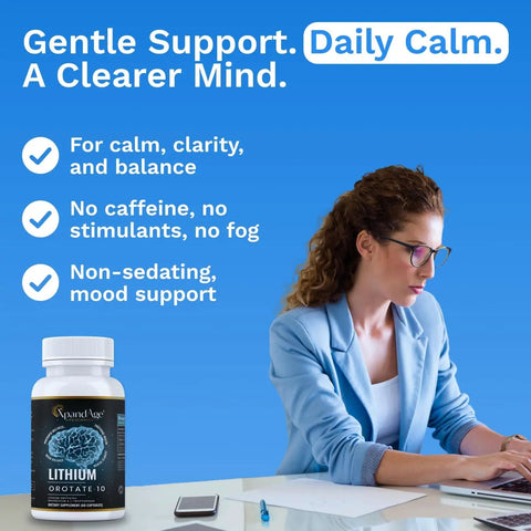 Woman working at desk with bottle of Lithium Orotate 10mg with Magnesium Taurate, for brain health and mood support beside her.