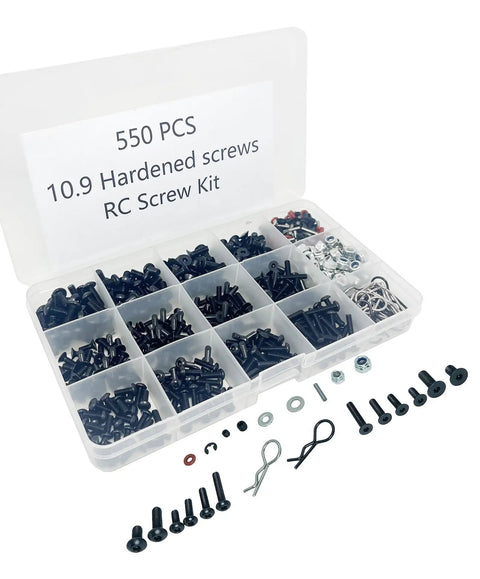 Universal RC Screw Kit With 550Pcs Screws Assortment Set in clear storage box for RC cars, trucks, buggies, crawlers.