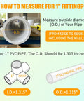 Diagram showing how to measure 1 inch PVC fittings for 4 way elbow connector, includes outside diameter and fitting illustrations.