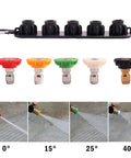 All In One Pressure Washer Gun Kit With Universal M22 Connectors 14MM And 15MM, 5 spray nozzles and tip holder shown