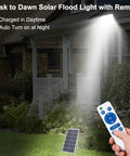 Ultra Bright 300W Solar Flood Light With 35000 Lumens illuminating porch, IP68 waterproof, with remote control and solar panel visible