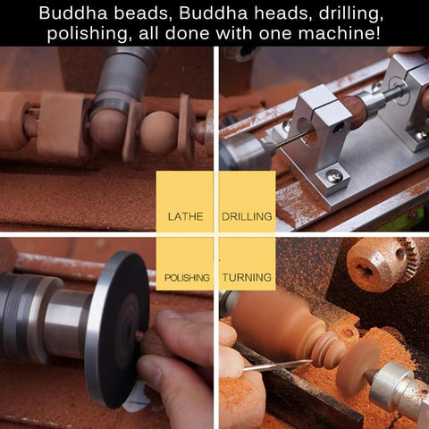 AOXHUGB Mini Metal Lathe Machine 1200W High Power Polisher Grinder Tool For Precision Drilling And Shaping showing lathe and polishing of Buddha beads.