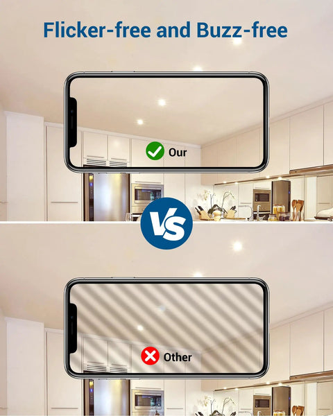 Comparison of flicker-free GU10 Dimmable LED Bulbs 7W 500 Lumens 3000K Warm White Replacement and other bulb in kitchen