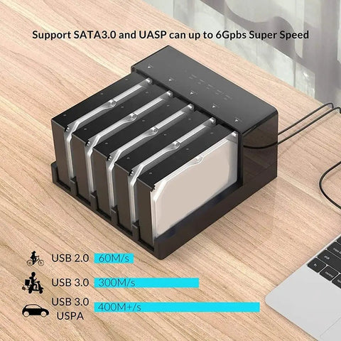 Usb 3.0 Hdd Docking Station And Sata Hard Drive Enclosure Case Featuring Tool Free Hot Swap Functionality For Up To Fifty Terabyte Storage Drives Delivering Blazing Speeds And A Straight Up Dependable Connection You Deserve on wooden table with data transfer speeds shown.