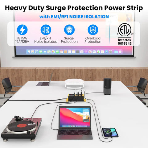 EMI And RFI Filtering Surge Protector Power Strip With 6 Outlets And 6 Ft Flat Plug Cord In Bright Yellow, Noise Isolation Banks That Block Up To 95 Percent EMI And RFI, Heavy Duty Shielded Protector For Home Office And Entertainment Gear on a table