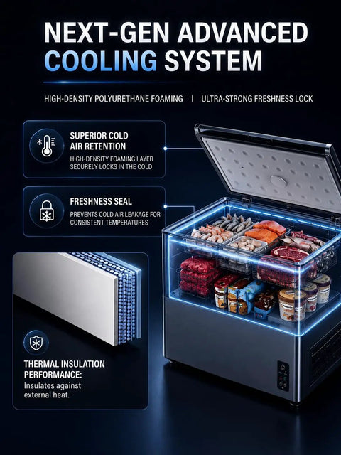 Next-gen cooling system with airflow seal highlighting 7.0 Cu Ft Compact Chest Freezer Energy Efficient Low Noise Cold Storage With Slick Rolling Basket Freestanding Food Preserver Go Hard On Freshness For Small Apartments Built Different.