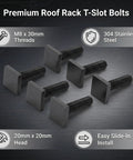 No Drill Install Heavy Duty Four Square Head T Slot Bolt Adapters For Roof Rack Crossbars Smooth Slide Fit Durable Hardware Kit, 304 stainless steel bolts with M8 x 30mm threads.