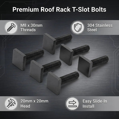 No Drill Install Heavy Duty Four Square Head T Slot Bolt Adapters For Roof Rack Crossbars Smooth Slide Fit Durable Hardware Kit, 304 stainless steel bolts with M8 x 30mm threads.