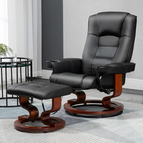Reclining Massage Chair With Faux Leather Finish Cozy Ottoman 360 Degree Swivel Wood Base Black Living Room Recliner