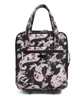 Front view of underseat rolling work bag with laptop sleeve and botanical paisley print for commuters, softside travel ready tote, 12 inch handle drop.