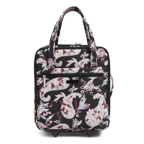 Front view of underseat rolling work bag with laptop sleeve and botanical paisley print for commuters, softside travel ready tote, 12 inch handle drop.