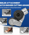 Nibbler attachment for electric drill, designed for cutting iron, steel, copper, and aluminum sheets with precision.