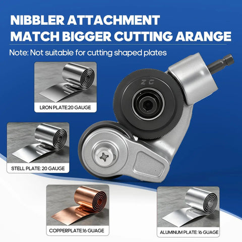 Nibbler attachment for electric drill, designed for cutting iron, steel, copper, and aluminum sheets with precision.