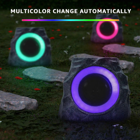 Two Pack Solar Powered Rock Speakers With Lit RGB Lights IP44 Water Resistant Outdoor Speakers for patio, garden setup