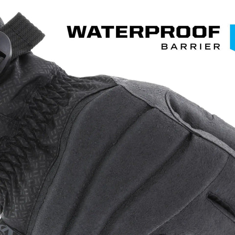 Close-up of black and gray winter work glove showing waterproof barrier, XL size, PrimaLoft insulation, grip detail.