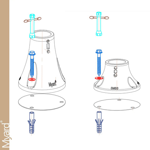 Diagram of Surface Mount Base Anchor Flange For 1.9 Inch Pool Rail And Handrail Ladder To Concrete Or Wood Deck Ivory White 1 Pack