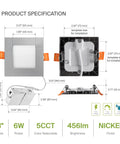 Dimensions and features of 6 Pack 3 Inch Square LED Recessed Lights Canless Ultra Thin Dimmable Ceiling Fixture With J Box Easy Install 5 CCT