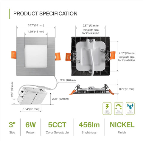 Dimensions and features of 6 Pack 3 Inch Square LED Recessed Lights Canless Ultra Thin Dimmable Ceiling Fixture With J Box Easy Install 5 CCT