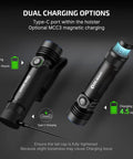 Seeker 4 Pro 4600 Lumen Rechargeable Flashlight With USB C Holster Waterproof IPX8 shown with dual charging options
