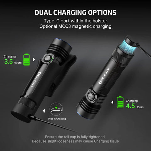 Seeker 4 Pro 4600 Lumen Rechargeable Flashlight With USB C Holster Waterproof IPX8 shown with dual charging options