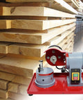 Heavy Duty Saw Blade Sharpener With Blazing Diamond Grinding Wheel handling wood, showing tough steel frame and 250W motor.