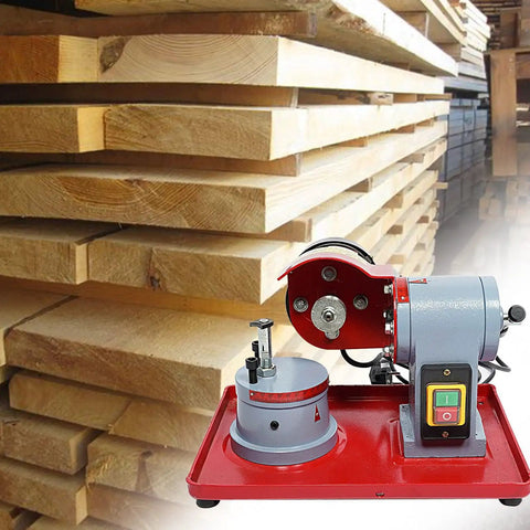 Heavy Duty Saw Blade Sharpener With Blazing Diamond Grinding Wheel handling wood, showing tough steel frame and 250W motor.
