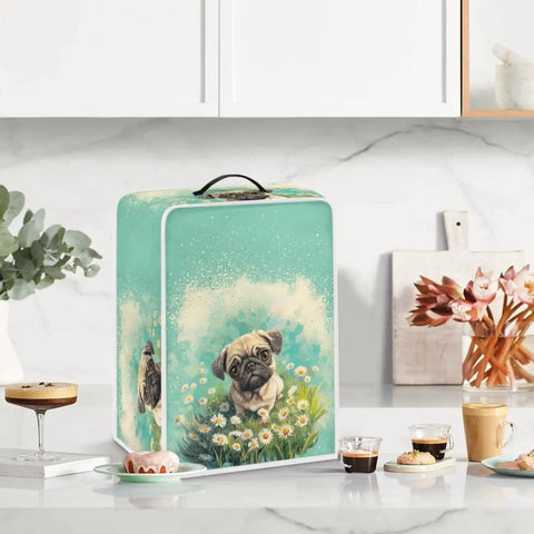 Floral Pug Coffee Machine Cover With Sturdy Top Handle, Waterproof Dustproof Kitchen Appliance Protector For Espresso Makers Blenders, Foldable Polyester Dust Guard Fits Like A Glove setup on kitchen counter.
