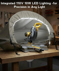 Heavy Duty Miter Saw Dust Collection Hood With LED Light Durable Gray Oxford Fabric Table Saw Dust Collector With Storage Bag Fits 10 Inch And 12 Inch Saws Ideal For Garage And Workshop Use, installed on workbench.