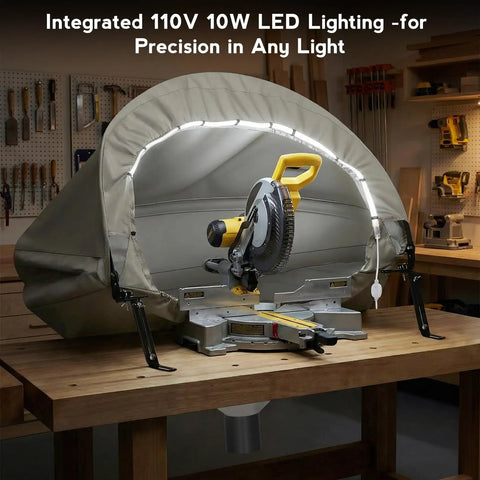Heavy Duty Miter Saw Dust Collection Hood With LED Light Durable Gray Oxford Fabric Table Saw Dust Collector With Storage Bag Fits 10 Inch And 12 Inch Saws Ideal For Garage And Workshop Use, installed on workbench.