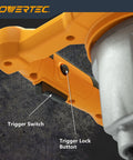 Close-up of Electric Mortar Mixer Dual Handheld Design 1600W High Torque Two Speed Gearbox handle with trigger and lock button.