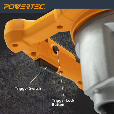 Close-up of Electric Mortar Mixer Dual Handheld Design 1600W High Torque Two Speed Gearbox handle with trigger and lock button.