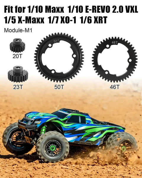 Hardened Steel Main Spur Gear Set With 50T 46T Gears And 23T 20T Pinions For Traxxas RC Cars shown with green and blue RC car