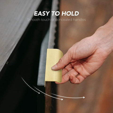 Hand pulling Gold Finger Edge Pulls For Cabinets 10 Pack 150mm Length With 128mm Center To Center 5 Hole Design, shown in use.