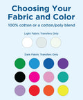 Fabric colors for Iron On Heat Transfer Paper For Inkjet Printers with light and dark options, 8.5x11 in 10 sheets pack, made in USA.