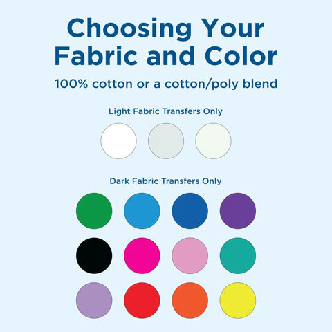 Fabric colors for Iron On Heat Transfer Paper For Inkjet Printers with light and dark options, 8.5x11 in 10 sheets pack, made in USA.