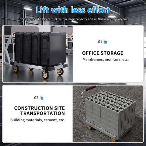 Foldable Platform Truck Push Dolly Heavy Duty 2000 Lb Capacity With Brake And 6 Inch 360 Degree Swivel Wheels shown with office and construction items.