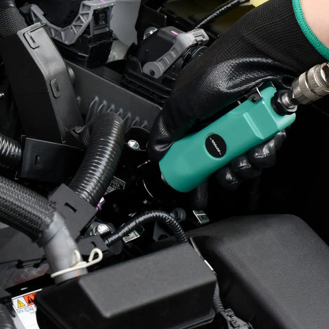 Mechanic using Three Eighths Inch Air Ratchet Wrench With 50 Ft Lbs Max Torque, 160 RPM Free Speed Built For Speed, Pro Grade