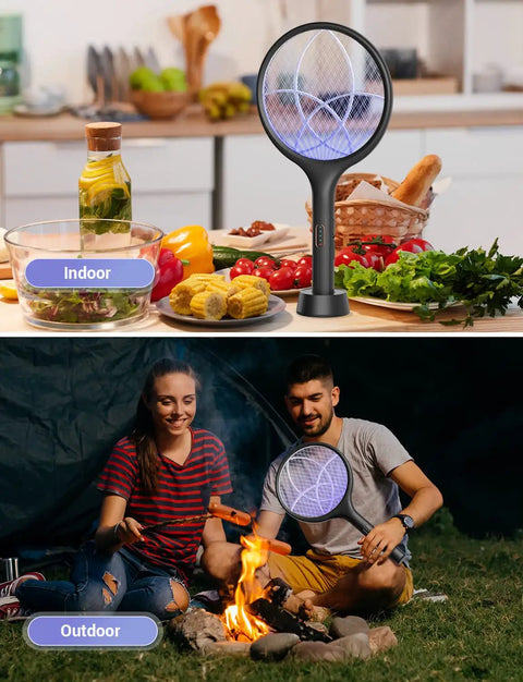 Electric Fly Swatter 4000V Bug Zapper Racket With Dual Modes And Rechargeable Battery, suitable for indoor kitchen and outdoor camping use.