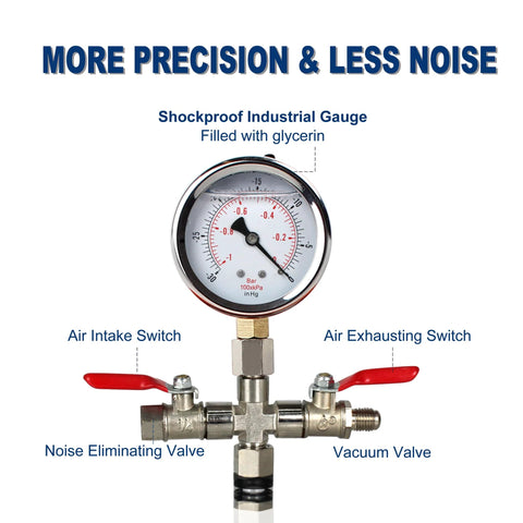 Vacuum gauge with red-lever air intake and exhaust valves on brass fittings, part of a vacuum chamber kit