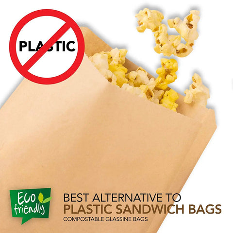 Brown Paper Sandwich Bags 200 Pack With 8 By 6 By 1 Gusset with popcorn, compostable and eco-friendly, no plastic sign visible.