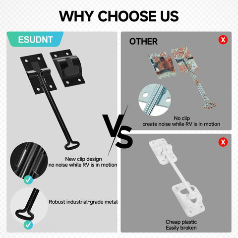 Comparison of Silent Snap RV Door Holder Noiseless Latch with rusted and plastic latches, highlighting durability.