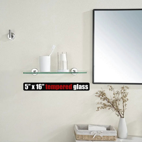Chrome Glass Shelf Set For Bathroom And Shower 16x5 Inches Tempered Glass With 304 Stainless Steel Wall Mounts Polished Chrome Finish Sleek Rust Resistant 2 Pack Bathroom Storage Shelves